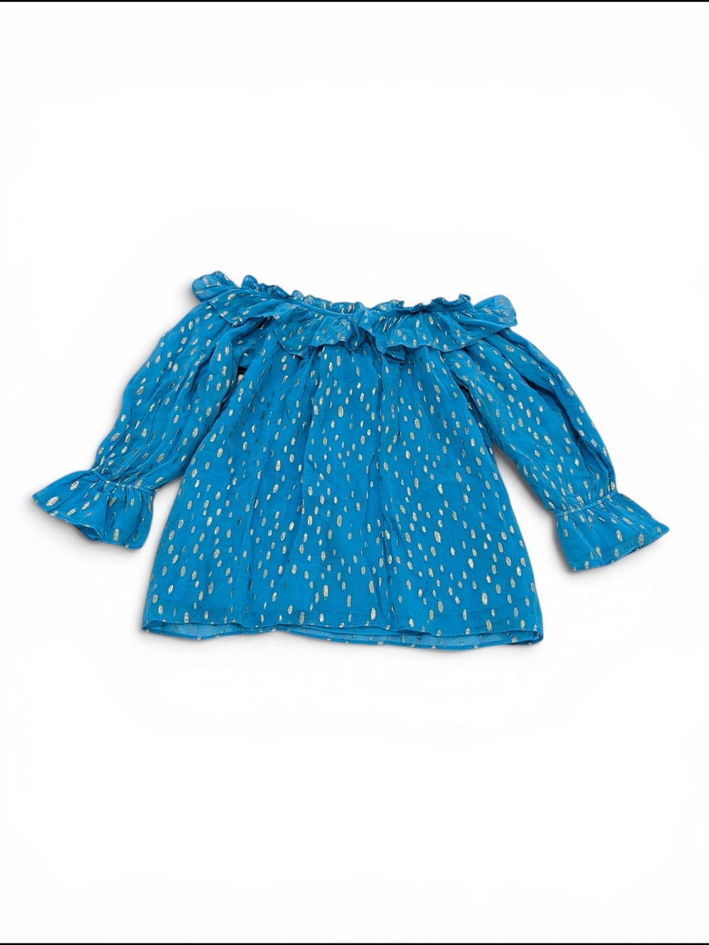 Lilly Pulitzer Turquoise Blue Off-Shoulder Ruffle Top Gold Dot Print Size XS